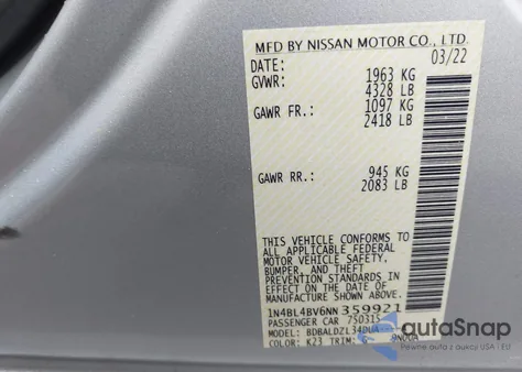 2022 Nissan Altima S Fwd z USA, uszkodzony, nr VIN 1N4BL4BV6NN359921